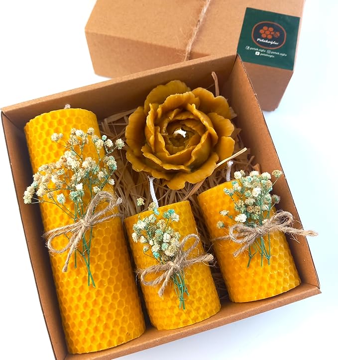Balmumu Mum Dekoratif Hediye Kutusu 4 Lü Set Doğal Petek Beeswax Candle Açmış Gül (Yeşil Krem süslemeli açmış gül)
