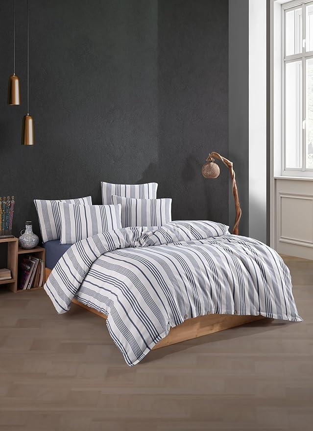 Düğmeli Lastikli Çarşaflı Pamuklu İpliği Boyalı Tek Kişilik Nevresim Takımı (1 Adet Yastık Kılıflı) (Mavi)