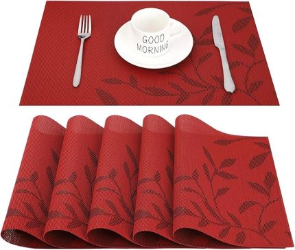 Amerikan Servis 6'lı Set, Kolay Temizlenebilir Kaymaz Isıya Dayanıklı Yemek Masası Paspasları, Yıkanabilir Çapraz Dokuma Dokuma Vinil PVC Servis altlıkları, 45CM x 30CM (Kırmızı)