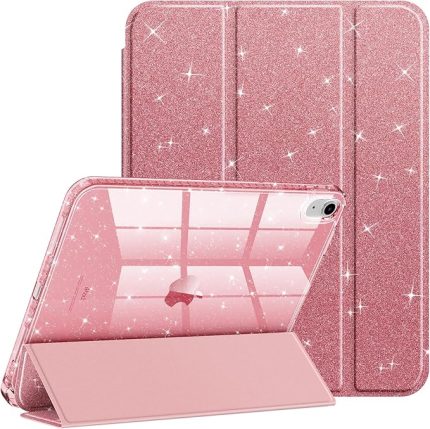 iPad 11./10. nesil (2025/2022 A16 çip) için parıltılı kılıf, kalem tutuculu - şeffaf ince koruyucu kılıf, darbeye dayanıklı ve parıltılı şeffaf arka taraf kızlar/çocuklar için, pembe altın