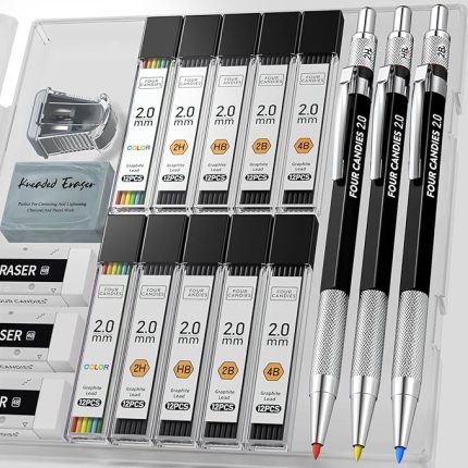 Candies 3 Adet Basmalı Kurşun Kalem 2 mm Kutulu Uçlu Kalem, Metal Uçlu Kurşun Kalem, 120 Grafit Uçlu (HB 2H 2B 4B Renk), 4 Silgi, Kalemtıraş, Çizim Kalemi