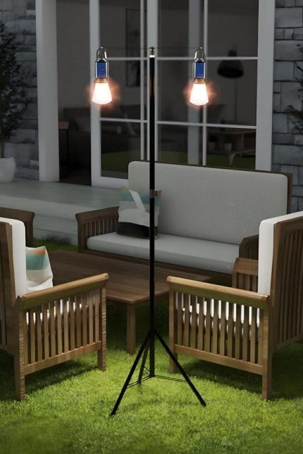 2 Lambalı, Askılı, 3 Modlu, Şarjlı, Led Solar Güneş Enerjili, 2 MT Metal STANDLI, Su Geçirmez, Kitap Okuma Işığı, Kamp, avcılık, Balıkçılık, Garaj, Güverte, Balkon Dekorasyonu, Karavan (Oval)