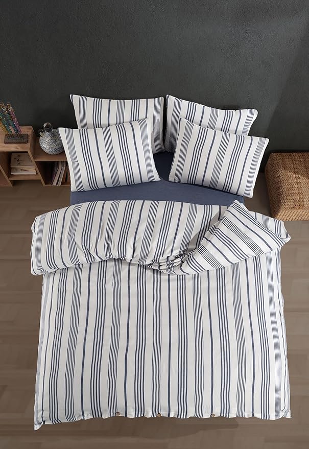 Düğmeli Lastikli Çarşaflı Pamuklu İpliği Boyalı Tek Kişilik Nevresim Takımı (1 Adet Yastık Kılıflı) (Mavi) - Görsel 2