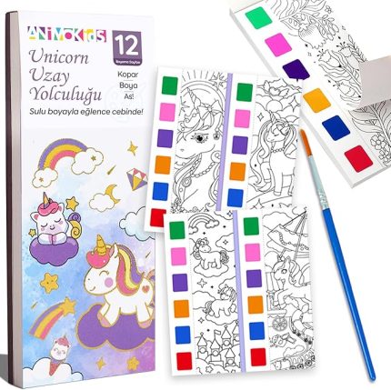 Renk Paletli Sulu Boya Kitabı + Fırça, 12 Sayfa Boyama Kitabı, Aktivite Boyama Seti, Çocuklar için Yeni Nesil Sulu Boya Defteri (Unicorn)