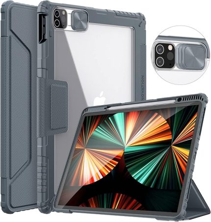 iPad Pro 12,9 inç Kılıf 2022/2021/2020 (6/5/4. Nesil) Sürgülü Kamera Kapağı ve Kalem Tutuculu, PU Deri Koruyucu Stand Kapağı Otomatik Uyanma/Uyuma ile - Gri