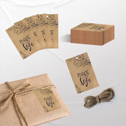 Made With Love Kraft Paketleme Etiketleri - 100 Adet Kraft Etiket Jut İple Birlikte - 5 * 8 cm Ölçülerinde Dikdörtgen Formunda