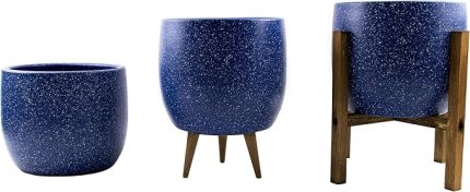 Tasarımı Ev Dekorasyon Aksesuar Lacivert Granit Toprak Saksı Saksılık Salon Çiçeklik Üçlü Set- 19 CM