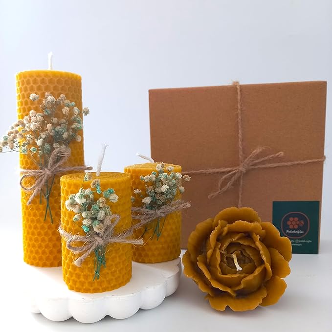 Balmumu Mum Dekoratif Hediye Kutusu 4 Lü Set Doğal Petek Beeswax Candle Açmış Gül (Yeşil Krem süslemeli açmış gül) - Görsel 2