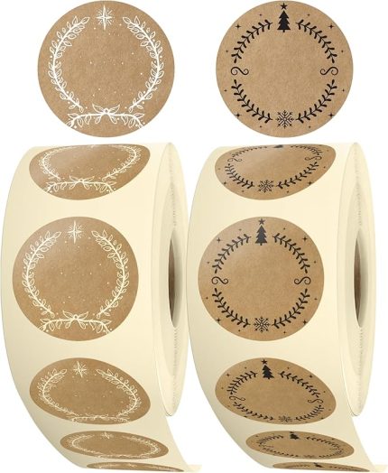 Noel yazmak için çıkartma - 1000 adet yazılabilir kraft kağıdı görünümlü hediye çıkartması - 35 mm yuvarlak rulo Vintage Noel dekorasyonu, ambalaj, hediyeler, yıldızlar, çam ağacı için
