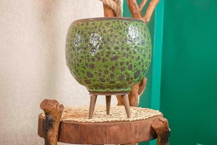 Tasarımı Ev Dekorasyon Yeşil Şekilli Artistik Çift Sırlı İç ve Dış Mekan Kullanımlı Ayaklı Toprak Terakota Saksı Saksılık Çiçeklik