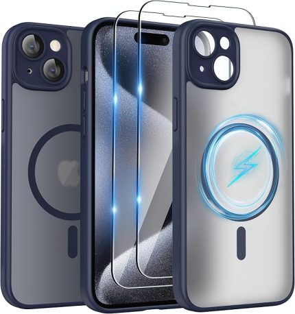 Manyetik Kılıf için iPhone 15 6.1 Inç MagSafe ve 2*Ekran Koruyucuile Uyumlu, Kamera Korumalı, Yarı Saydam Mat Arka Ince Darbeye Dayanıklı Kılıfı,Gökyüzü
