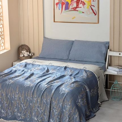 Dekoratif Çok Amaçlı Müslin Pike ve Yatak Örtüleri, 100% Pamuk 4 Katlı Kaliteli Yumuşak Şık Müslin Yazlık Pike (Lavanta Lacivert, Çift Kişilik 220x240 cm)