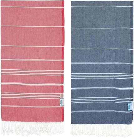 Pamuk EXTRA LARGE (90 x 180 cm) Peştemal Plaj Havlusu, OEKO-TEX Sertifikalı, Süper Yumuşak Deniz Havlusu, Hafif, Kum Tutmaz, Yıkanmış, Hızlı Kurur(2'li Set-Kırmızı_Koyu_Lacivert)