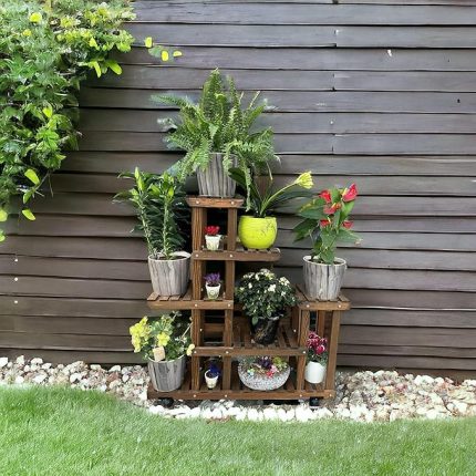 Ahşap (Çam) CEVİZ Renk 6 Katlı Bitki Standı, Kilitlenebilir Tekerlekler + Mini Bahçe Seti + My Bead Kokulu Mum 50 cc