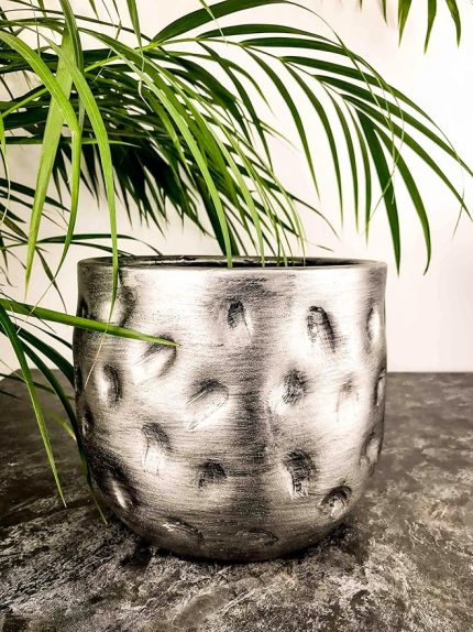 Tasarımı Ev Dekorasyon Aksesuar Gümüş Desenli Toprak Saksı Saksılık Salon Çiçeklik - 19 CM