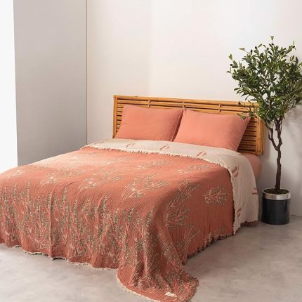 Dekoratif Çok Amaçlı Müslin Pike ve Yatak Örtüleri, 100% Pamuk 4 Katlı Kaliteli Yumuşak Şık Müslin Yazlık Pike (Lavanta Kiremit, Çift Kişilik 220x240 cm)