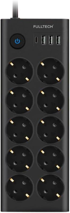 Type-C Port Girişli Akım Korumalı 10'lu Priz, 3 USB, 1 Type-C Giriş, Isıya Dayanıklı, Grup Priz, Çoklu Uzatma Kablo (SİYAH)