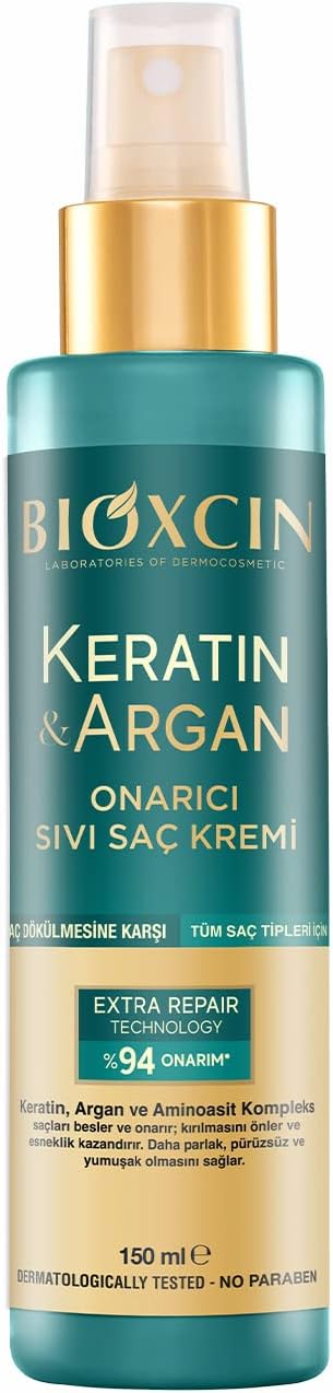Keratin & Argan Onarıcı Sıvı Saç Kremi – Hidrolize Keratin, Argan Yağı ve BioComplex B11 İçeren Durulanmayan Saç Bakım Spreyi – 150 ml – Yıpranmış Saçlar İçin