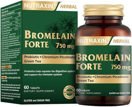 Bromelain Forte – 750 mg Bromelain, Yeşil Çay Ekstresi, Krom ve Probiyotik İçeren Sindirim ve Bağışıklık Destek Tableti – 60 Tablet – Alerjen İçermez