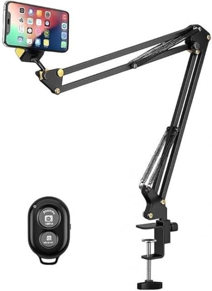 Ayarlanabilir Masaüstü Üst Çekim Telefon Standı – Süspansiyon Kollu Tripod Kol – Canlı Yayın, Yemek Çekimi, Üstten Çekim, YouTuber & Yayıncı İçin – Bluetooth Kumandalı