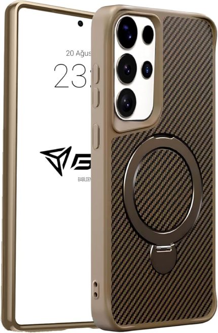 Samsung Galaxy S25 Ultra İle Uyumlu Kılıf Karbon Fiber Materyal Stand Özellikli Lens Çerçeveli Ve Sararmayan Güçlü Darbe Emici Premium Telefon Kılıfı (Gold)