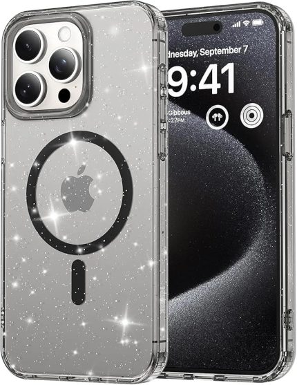 iPhone 13 Pro için MagShine Serisi MagSafe ile Uyumlu Göz Alıcı ve Şık Simli Arka Tasarım Yüksek Kalite Materyal Premium Hybrid Kılıf Kapak (Siyah Şeffaf, 13 Pro)