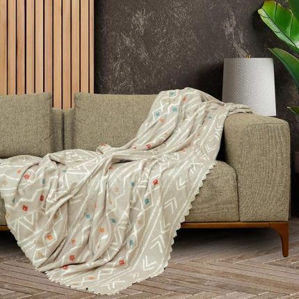 Boho Etnik Desenli Mikrofiber Koltuk Örtüsü ve TV Battaniyesi, Koltuk Şalı, Kaymaz Bej 130x180 cm