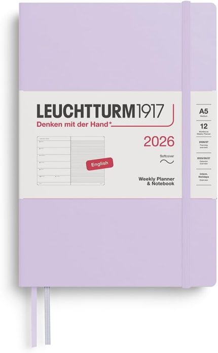 Orta Boy (A5) 12 Aylık Ajanda ve Not Defteri (Çizgili) 2026 Yumuşak Kapak, İngilizce, Leylak