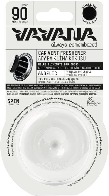 Spin Araba Klima Kokusu - Vanilya Paçuli Aromalı Oto Kokusu | BPA & Sıvı İçermez | 90 Gün Etkili Araç Kokusu (ANGELIC)
