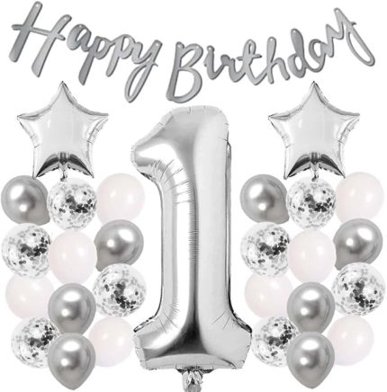 Gitti Gümüş Konsept Doğum Günü Kutlama Seti Beyaz Gümüş Konfetili Balon Rakam Yıldız Folyo ve Banner (1 Yaş)
