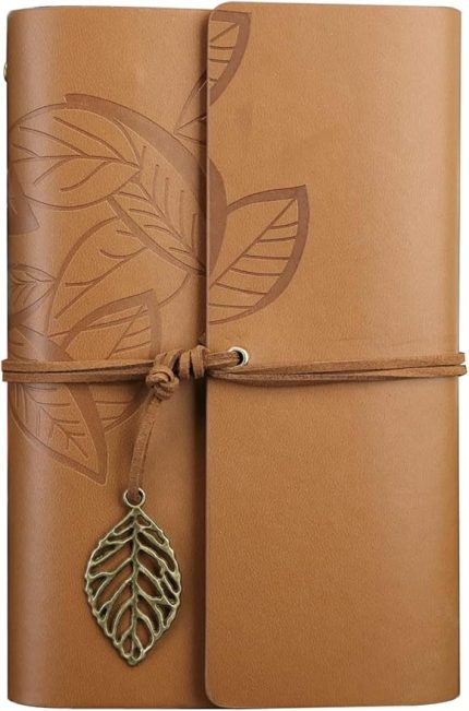 Yaprak Baskılı Deri Kapaklı Günlük Not Defteri Özel Tasarım Hediyelik Açık Kahverengi
