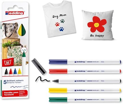 4600 tekstil kalemi - siyah, kırmızı, mavi, yeşil, sarı - 5'li set - yuvarlak uç 1 mm - tekstil üzerine çizim yapmak için kalıcı kumaş kalemler, 60°C'ye kadar yıkamaya dayanıklı