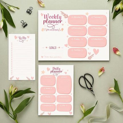 Masaüstü Planner Set - 50 Sayfa Tarihsiz Haftalık, Günlük Planlayıcı - Ofis Çalışanı, Öğrenci, Genç, Öğretmen için Randevu, Toplantı, Organizasyon To Do List - 3 Parça - Kalp Serisi