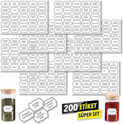 Baharatlık Etiketi 200 Adet Kavanoz Sticker Seti - Suya Dayanıklı Erzak Bakliyat Saklama Kabı Mutfak Düzenleyici -Kendinden Yapışkanlı Suya Dayanıklı Sökülebilir Vinil Çıkartma (Beyaz)