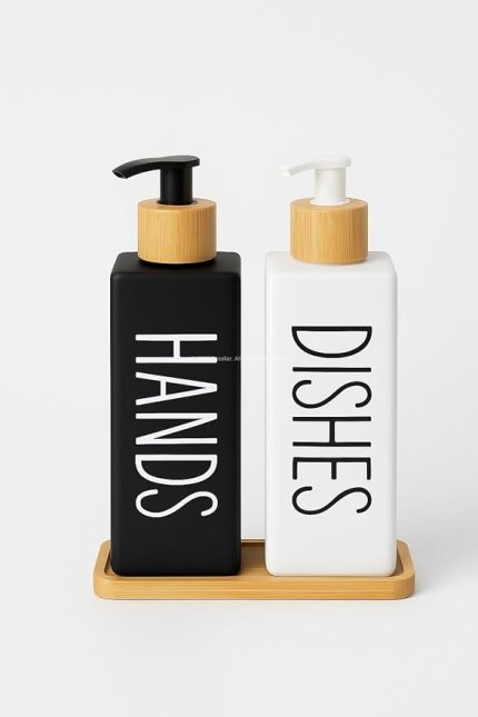 Bulaşık Deterjanlık ve Sabunluk Seti Bambu Tepsili Şık İkili Set Siyah Beyaz Modern Tasarım Kompozit Malzemeli Mutfak Tezgah Üstü Organizer (Dikdörtgen)