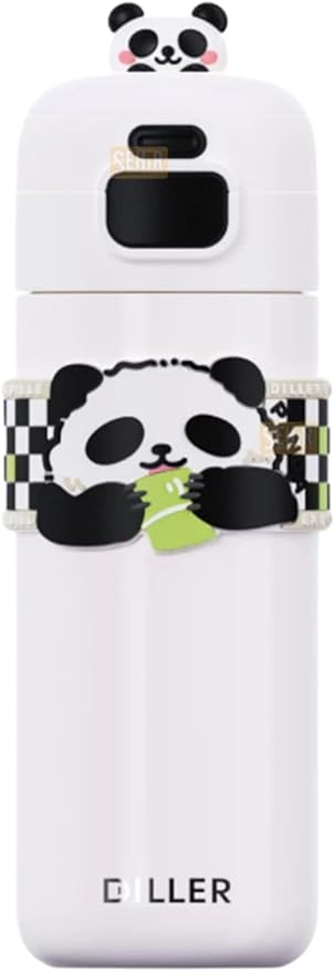 Diller 480ml Sevimli Hayvanlar Süslü Pipetli/Pipetsiz El Askılı Paslanmaz Çelik Termos (Panda)