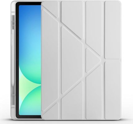 Galaxy Tab S10 FE Plus ile Uyumlu Kılıf Kalem Bölmeli Tri Folding Katlanabilir Standlı PU Deri Yumuşak Silikon, Tablet Kapak [Akıllı Kapak, Uyku Modlu] - Gri