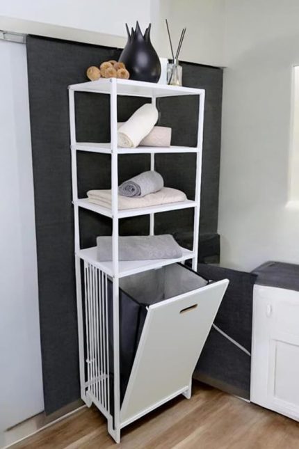 Metal Kirli Sepetli 4 Raflı Çok Amaçlı Banyo Düzenleyici Raf Organizer Beyaz/Beyaz – MRS-015 C1-1-369