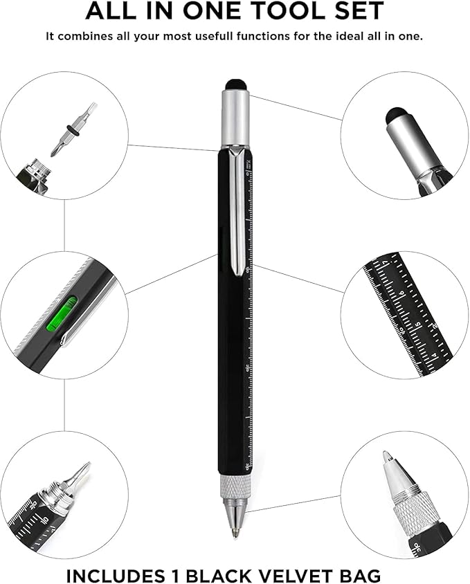Fonksiyonlu Kalem - 6'ları 1 arada - Çok Fonksiyonlu ve Sağlam Alüminyum KenDIN Yap Kalem Tornavida, Stylus, Seviye Kabarcığı, Cetvel ve Phillips Düz Başlı Uç, Erkekler ve Kadınlar için Harika Hediye - Görsel 2