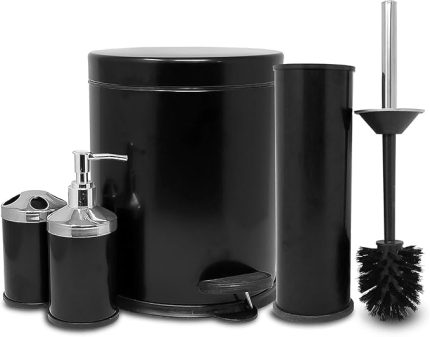 Serisi Ayak Basmalı Özellikli 4' Lü Banyo Seti Çöp Kovası+Kolozet Fırçası+Sıvı Sabunluk+Fırçalık Paslanmaz Siyah
