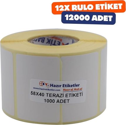 Termal Etiket 58mm x 40mm Ruloda 1000 Adet 12 Rulo Toplamda 12000 Adet 40mm Kuka Çapında Direk Termal Transfer Etiketi