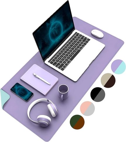 Çift Renk Dikişli PU Deri Masa Matı 80x40 Cm Mousepad, Su Geçirmez Masa Sümeni, Çift Taraflı Kullanım, Dizüstü Bilgisayar/Ofis/Ev için, Kaymaz Taban (Lila Ve Turkuaz)