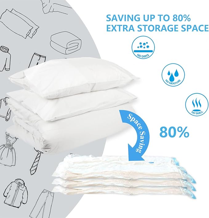 ve yatak örtüsü için vakumlu torba, 6 adet vakumlu torba, kıyafet, seyahat, kıyafet, saklama için vakumlu çanta, vakumlu yer tasarruflu, 3 x 70 x 50 cm + 3 x 80 x 60 cm + 1 el pompası - Görsel 5