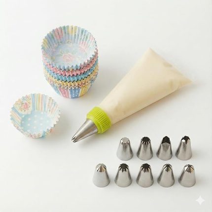 Sıkma Torbası Seti (9 Çelik Uç + 100'lü Renkli Muffin Kağıdı) – Pasta Süsleme ve Cupcake Yapımı İçin Pratik Set