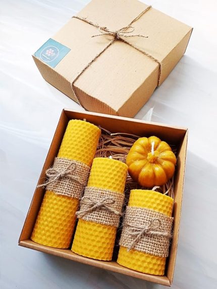 Balmumu Mum Dekoratif Hediye Kutusu 4 Lü Set Doğal Petek Beeswax Candle Bal Kabağı (Jüt kumaş)