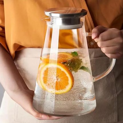 Cam Sürahi | Süzgeçli Paslanmaz Çelik Kapaklı, Isıya Dayanıklı Soğuk & Sıcak İçecek Servis Sürahisi (1800 ml) | Detoks İçecek Sürahisi Soğuk ve Sıcak İçecekler İçin