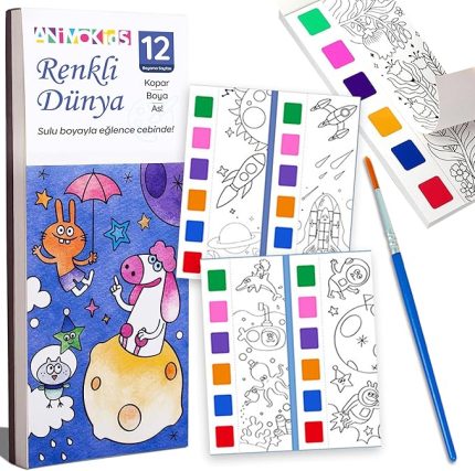 Renk Paletli Sulu Boya Kitabı + Fırça, 12 Sayfa Boyama Kitabı, Aktivite Boyama Seti, Çocuklar için Yeni Nesil Sulu Boya Defteri (Renkli Dünya)