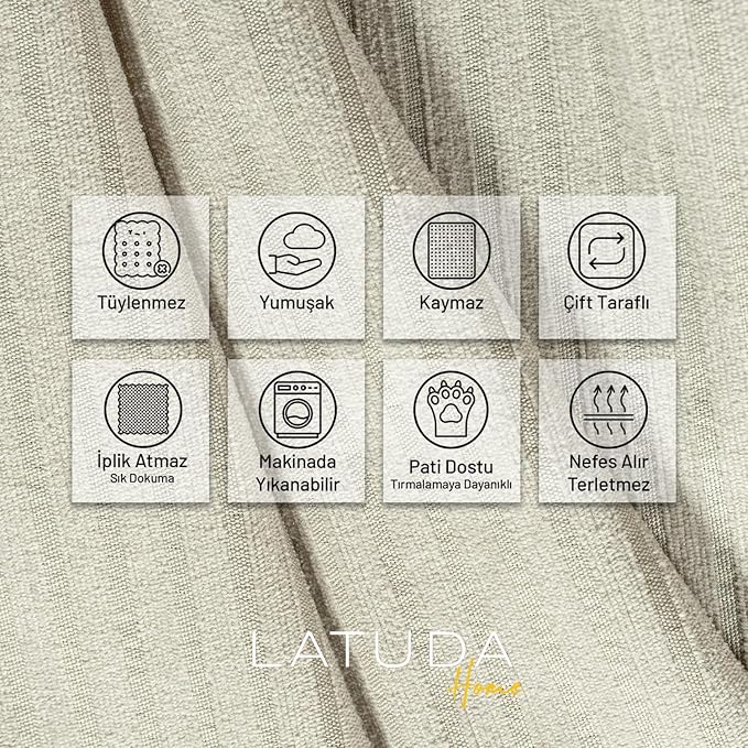 Şönil Fitilli Minimalist Koltuk Örtüsü -175x300 cm Large, Çift Taraflı, Kaymaz, Terletmez, Krem - Görsel 3
