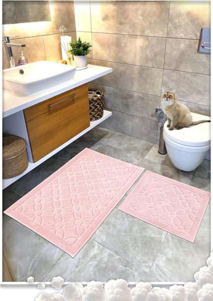 Pamuk Dokuma Su Emici Banyo Paspas Seti, Banyo Halısı Çiçek 2 Li Set 60x100-60x50 (PUDRA)