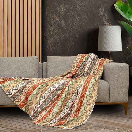 CONCEPT SoftMicro Boho Etnik Desenli Mikrofiber Koltuk Örtüsü ve TV Battaniyesi, Koltuk Şalı, Kaymaz 130x180 cm